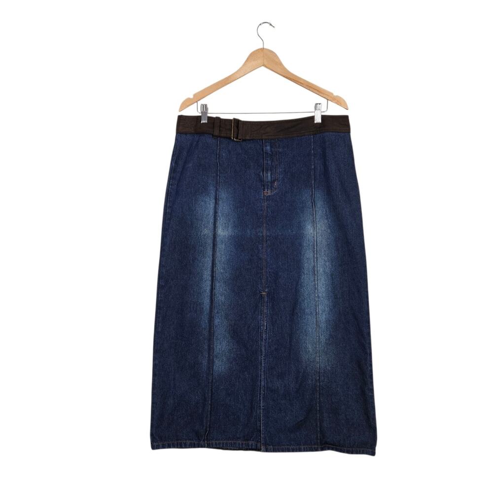 Y2K Western Denim Midi Skirt Blue 16 Brown Waistband A-Line Jean Skirt Cowgirl